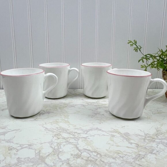 Set of 4 White Ceramic Coffee Mugs with Pink Rim 8oz Capacity Swirl Pattern - Picture 9 of 10
